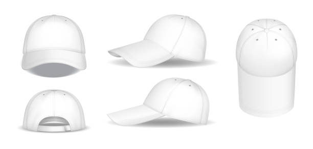 ilustrações, clipart, desenhos animados e ícones de um conjunto de bonés de beisebol brancos. mockups de tampas realistas, visão frontal, lateral e traseira - baseball cap hat merchandise nature