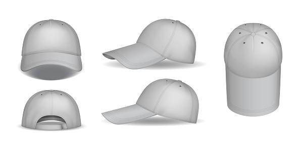 Caps mockup. Realistic gray baseball caps template for brand printing isolated on white background. Different views of sport headgear. Vector illustration