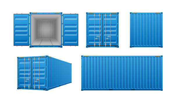 ilustraciones, imágenes clip art, dibujos animados e iconos de stock de contenedores de carga realistas, plantillas 3d con diferentes vistas aisladas sobre fondo blanco - cargo container container open shipping