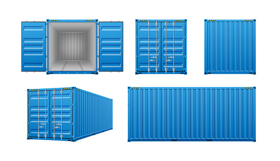 Realistic cargo containers, 3d templates set with different views isolated on white background. Shipping, transportation and delivery concept. Vector illustration