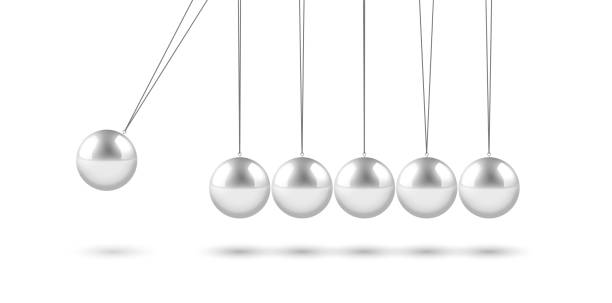 istock Newton cradle with balancing pendulum of silver metal balls on white background 1304619962