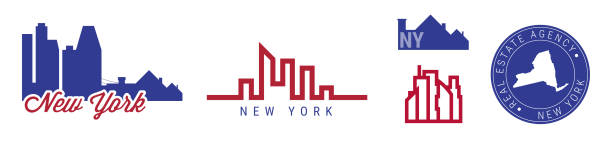 뉴욕 부동산 에이전시. 미국 부동산 벡터 엠블럼 아이콘 세트 - new york city agency stock illustrations