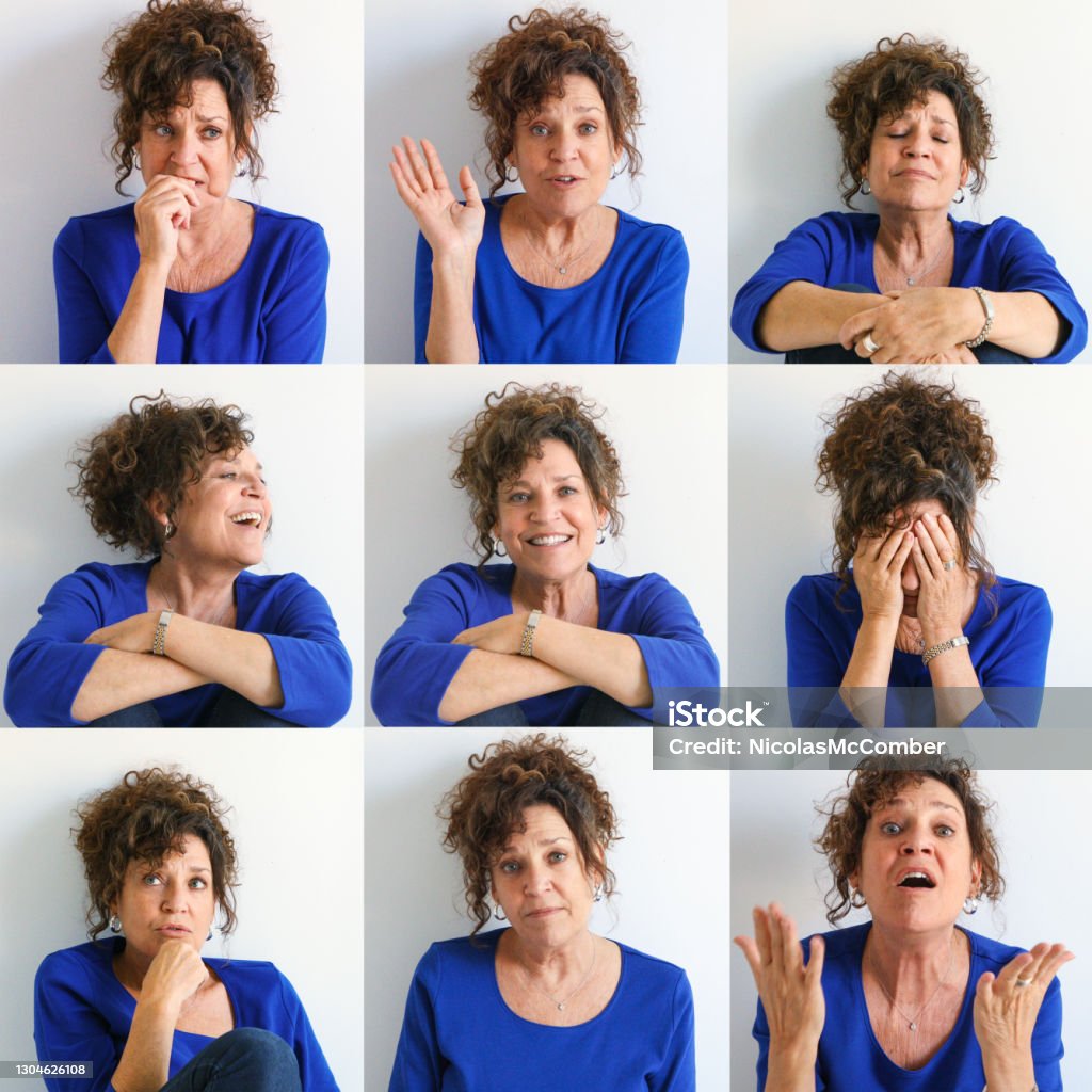 Mature Italian woman expressing nine different emotions Mature Italian woman expressing nine different emotions such as anxiety, denial, suffering, laughter, confidence, despair, hesitation, empathy and supplication. Facial Expression Stock Photo
