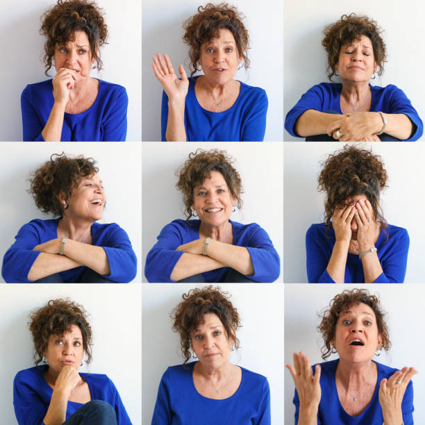 Mature Italian woman expressing nine different emotions Mature Italian woman expressing nine different emotions such as anxiety, denial, suffering, laughter, confidence, despair, hesitation, empathy and supplication. multiple image photos stock pictures, royalty-free photos & images