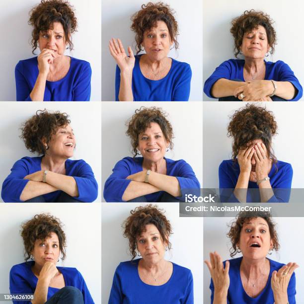 Mature Italian Woman Expressing Nine Different Emotions Stock Photo - Download Image Now