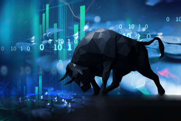 silhouette form of bull on technical financial graph silhouette form of bull on financial stock market graph represent stock market rising or uptrend investment 3d illustration trading stock pictures, royalty-free photos & images