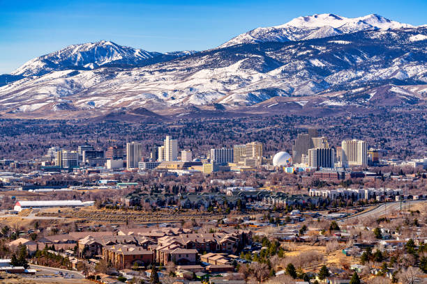Cityscape of Reno, Nevada during the wintertime. stock photo