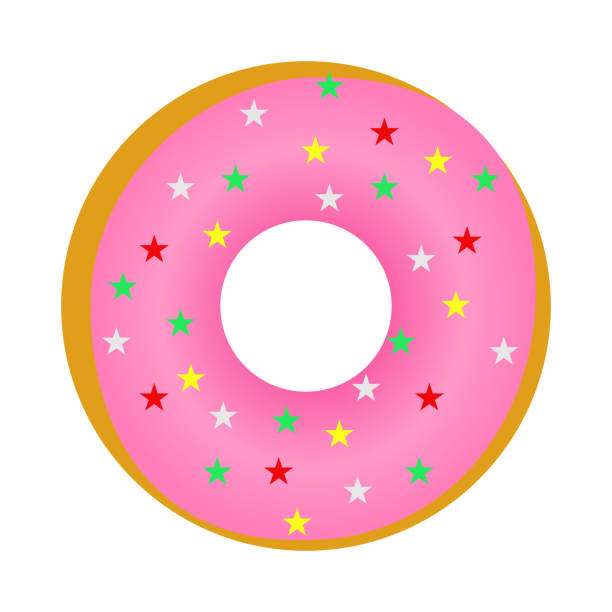 stockillustraties, clipart, cartoons en iconen met geglazuurde donut met roze room en gekleurde hagelslag die op een witte achtergrond wordt geïsoleerd. leuke, kleurrijke en glanzende donuts met roze glazuur en veelkleurig poeder. voor recepten, menu's en culinaire blogs - andrej