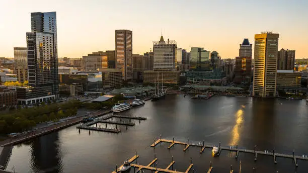 Photo of The aerial view of the Inner Harbor on Patapsco River in Baltimore, Maryland, USA, at sunset.