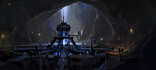 illustrations, cliparts, dessins animés et icônes de installation secrète de réacteur nucléaire souterrain, illustration numérique de science-fiction. - sous terre