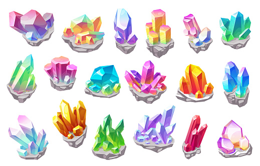 Shiny magic stones, gems and fantasy minerals set. Glowing topaz, garnet and diamond, ruby, brilliant and emerald cartoon vector. Fairytale precious gemstones, geology minerals sticking from rock