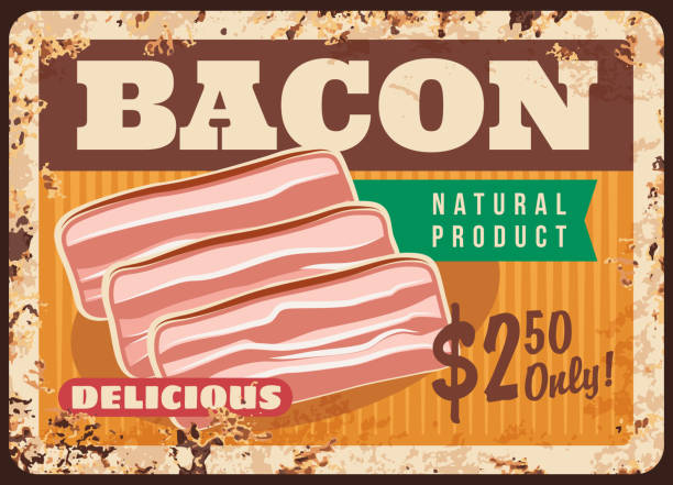 illustrations, cliparts, dessins animés et icônes de plaque en métal de bacon rouillée, affiche de viande de boucherie - bacon vector breakfast farm