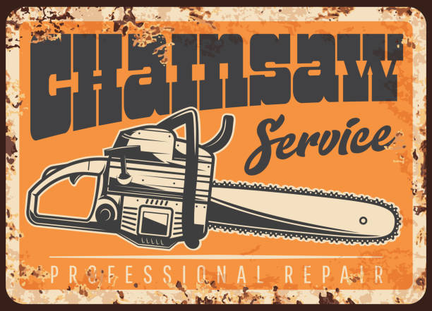 Lumberjack chainsaw metal plate rusty, woodwork Lumberjack chainsaw metal plate rusty, woodwork and sawmill tools, vector retro poster. Woodcutter equipment for logging and lumbering, forestry works chainsaw or jigsaw repair service, metal plate chainsaw stock illustrations