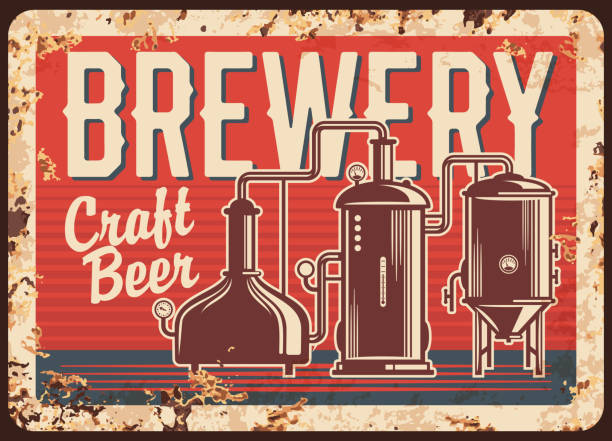 Local craft beer brewery rusty metal vector plate Craft beer brewery rusty metal vector plate. Copper brew kettles with pipes, pressure gauges and typography. Small, local brewery or pub retro banner, advertising sigh with rust texture microbrewery stock illustrations