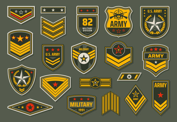 USA armed forces badges, military ranks insignia USA armed forces badges, military service staff ranks insignia. Army emblems, shoulder chevrons or epaulets with stars, rate stripes and service rifles on khaki background vector military stock illustrations