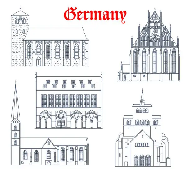 Vector illustration of Germany landmark buildings, cathedrals, churches
