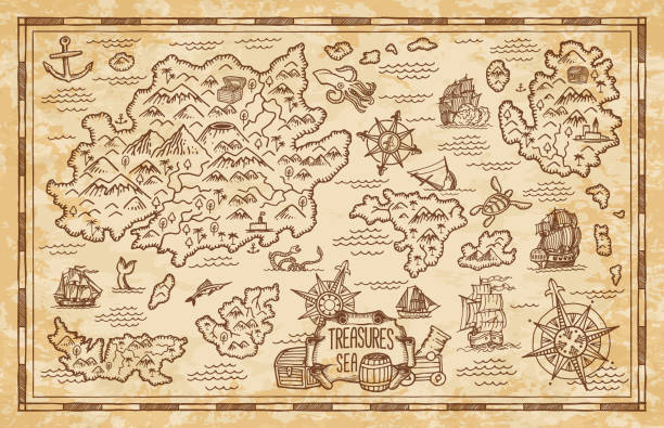 ilustrações, clipart, desenhos animados e ícones de esboço do mapa do tesouro pirata com mar, ilhas, navio - vector design compass direction