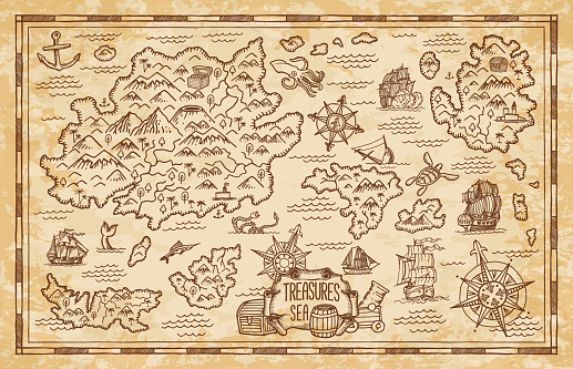 Pirate treasure map sketch with sea, islands, ship