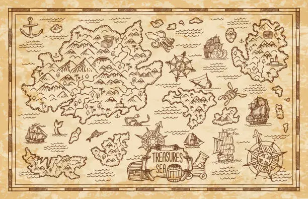 Vector illustration of Pirate treasure map sketch with sea, islands, ship