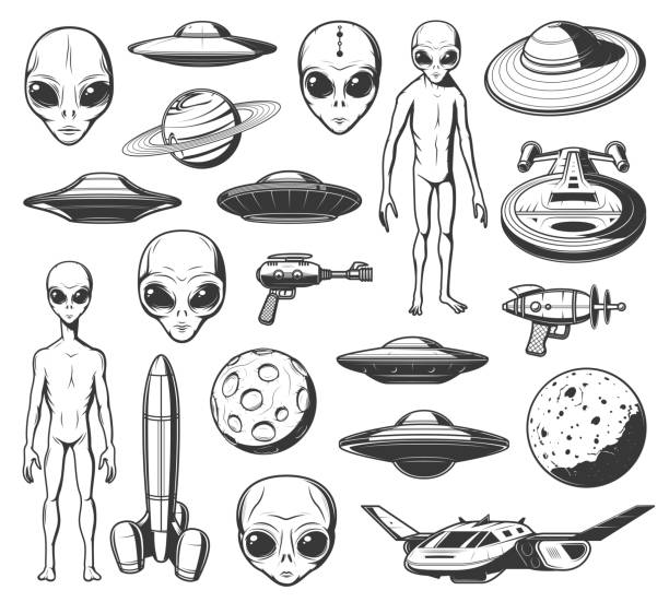 Aliens, ufo and space shuttles vector retro icons Aliens, ufo and space shuttles vector retro icons. Extraterrestrial comer with long arms, skinny body and huge eyes. Laser gun, saturn planet and spaceshipwith alien saucers in cosmos isolated labels alien invasion stock illustrations