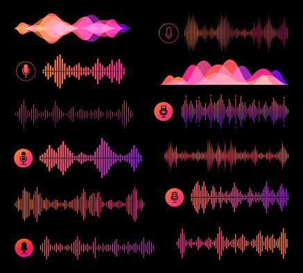 Voice recognition soundwaves vector design of ai and smart technologies. Microphone buttons, personal assistant speech recognition sound waves and pink neon equalizer scales of sound volume