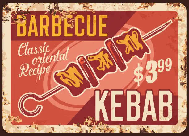 Vector illustration of Barbecue kebab rusty vector metal plate with meat