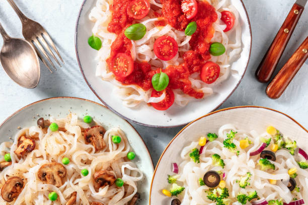 istock Konjac pasta dishes with various vegan toppings 1304648870