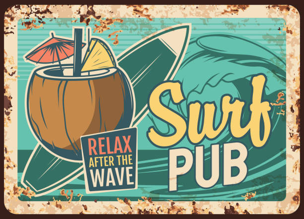 Surf pub rusty plate with surfing board, cocktail Surf pub rusty metal plate with surfing board, coconut cocktail and sea wave. Vector vintage rust tin sign for beach bar, drinking establishment retro poster, surfer club recreation ferruginous card bar drink establishment illustrations stock illustrations
