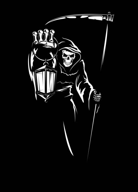 ilustraciones, imágenes clip art, dibujos animados e iconos de stock de segador con guadaña, muerte sombría con vector de linterna - skull gothic style evil dark