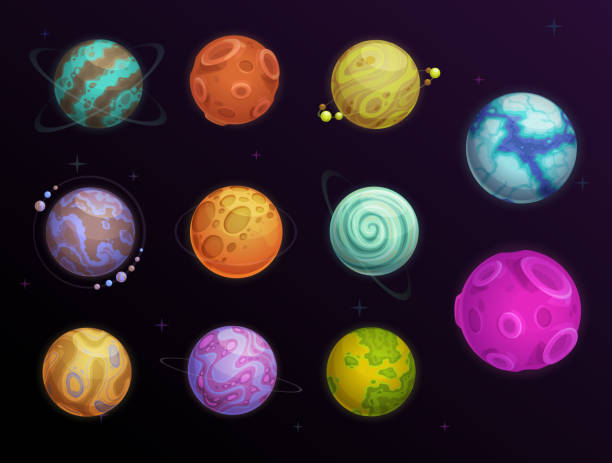 Fantasy planets with rings and satellites in space Fantasy planets with rings and satellites in space. Far alien words, galaxy exoplanets or deep space planets with water, ice and desert surface covered craters, moon or asteroid cartoon vector set extrasolar planet stock illustrations