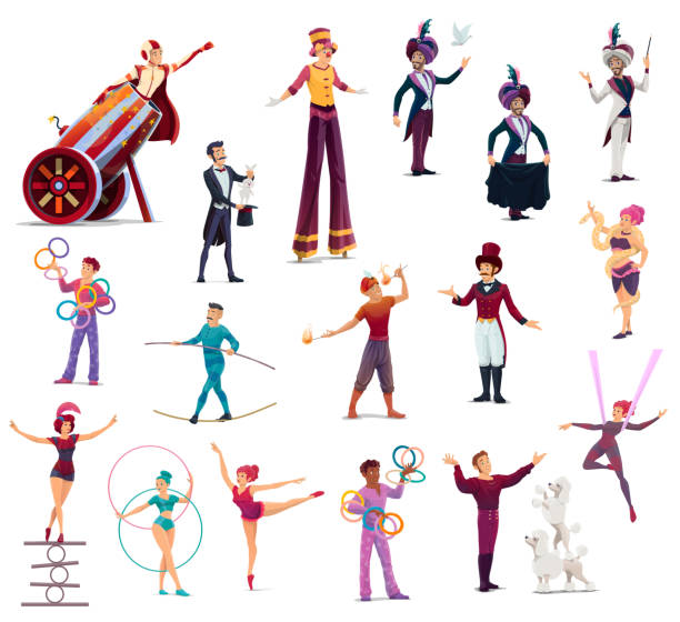 ilustrações, clipart, desenhos animados e ícones de artistas de circo, artistas de tendas de vetor de desenho animado - acrobatic activity