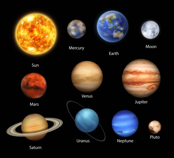 Planets of Solar System realistic set of space Planets of Solar System realistic set of vector space, astronomy design. Universe galaxy planets and stars, Earth, Sun, Mercury and Jupiter,Saturn and Uranus with rings, Pluto, Moon, Venus and Neptune mars planet stock illustrations