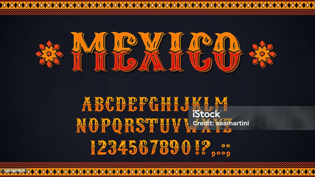 Мексиканский шрифт алфавитных букв и цифр - Векторная графика Мексика роялти-фри