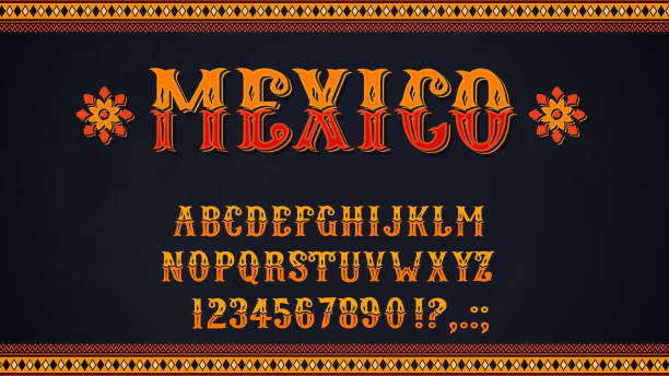 Mexican font of alphabet letters and numbers Mexican font of vector alphabet letters and numbers. Mexico ethnic type of uppercase characters, digits and punctuation marks, decorated with marigold flowers and Latin American folk patterns aztec civilization stock illustrations