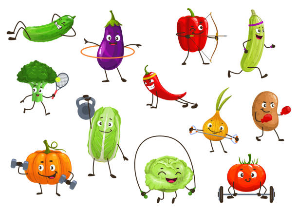 warzywa sportowców, vector cartoon veggies set - skoczcie cebula stock illustrations