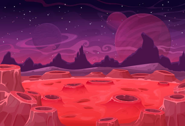 Alien planet vector landscape, red Mars surface Alien planet vector landscape, red Mars land surface with craters and Saturn or Jupiter in purple starry sky. Fantasy nature background, martian extraterrestrial computer game scene, cartoon backdrop alien planet stock illustrations