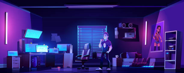 Gamer bedroom with computers at night Teenager drinks coffee in bedroom with workspace of gamer, programmer or hacker at night. Vector cartoon interior room with chair, computer monitors on desk and printer on shelf game developer stock illustrations