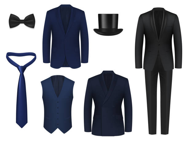 Wedding or dinner mens suit realistic mockup Wedding or dinner mens suit realistic mockup. Blue, black classic tuxedo jackets with single, double breasted tux, shawl collar, peak and shawl lapel, waistcoat, bow tie and necktie, top hat 3d vector necktie businessman collar tied knot stock illustrations