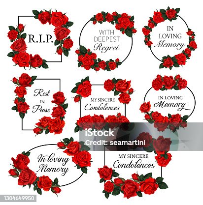 istock Funereal frames with red roses flowers and buds 1304649950