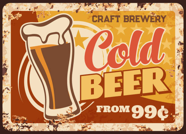 Cold craft beer rusty metal plate, brewery product Cold craft beer rusty metal plate, brewery production vector vintage rust tin sign. Foamy alcohol drink in glass cup. Lager beer retro poster, price tag for store or pub, ferruginous promotion card beer brands stock illustrations