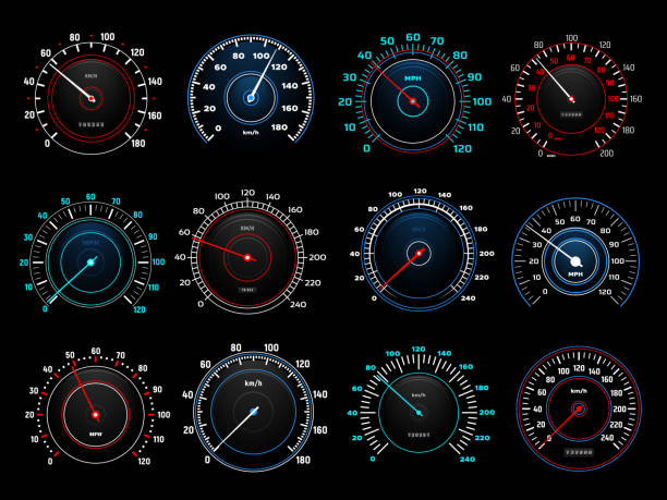 Car dashboard speedometer indicators vector set Car dashboard speedometer round indicators with glowing neon light kilometers and miles per hour scales and arrow. Modern automobile analog or digital speed and distance counters set car odometer stock illustrations
