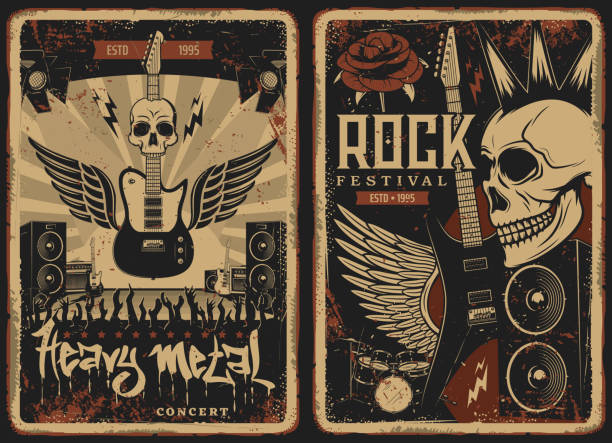 ilustraciones, imágenes clip art, dibujos animados e iconos de stock de carteles retro de concierto de hard rock con calavera vectorial - rock bass