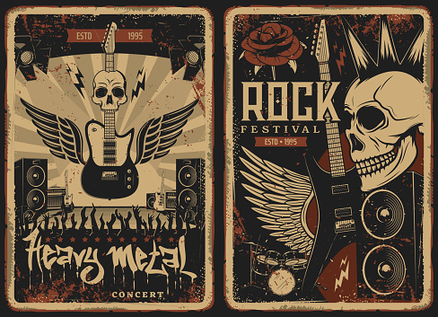 Hard rock concert retro posters with vector skull and electric guitar. Punk band music festival show on scene with audience. Heavy metal vintage grunge cards with winged amp, dynamics and rose flower