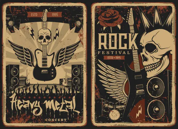 Vector illustration of Hard rock concert retro posters with vector skull
