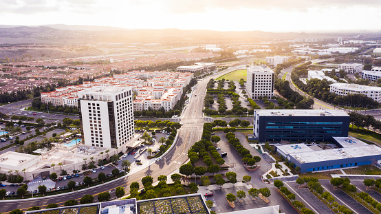 Aerial sunset view of the skyline of downtown Irvine, California, USA.