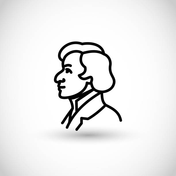 ilustrações, clipart, desenhos animados e ícones de frederic chopin - fryderyk chopin, famoso pianista polonês ícone de linha fina - frederic chopin