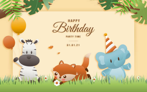 ilustraciones, imágenes clip art, dibujos animados e iconos de stock de invitación de plantilla ilustración vectorial de estilo de arte en papel. - birthday card dog birthday animal