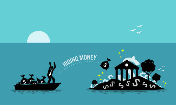 Businessman taxpayer hiding money at tax haven island. vector art illustration