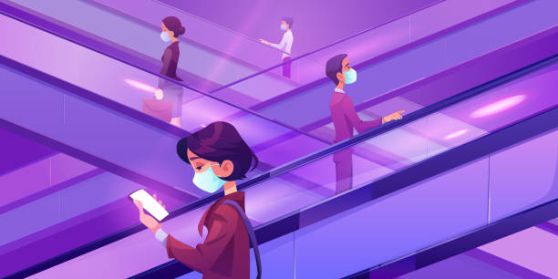 ilustrações de stock, clip art, desenhos animados e ícones de people in medical masks on escalators in mall - escalator shopping mall shopping transparent