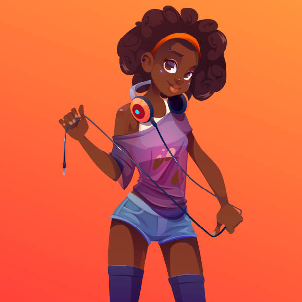 ilustrações, clipart, desenhos animados e ícones de afro dj girl em fones de ouvido no pescoço, disc jockey - jockey shorts